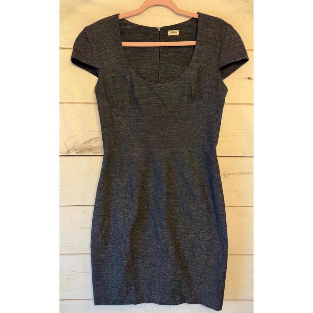 L'AGENCE Charcoal Gray Textured Cap Sleeve Sheath Dress Size 8 Made in USA